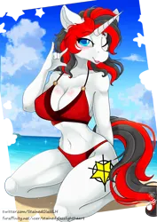 Size: 3546x5000 | Tagged: suggestive, artist:stainedglasslighthea, derpibooru import, oc, oc:starforce fireline, unofficial characters only, anthro, plantigrade anthro, unicorn, beach, belly button, bikini, breasts, cameltoe, cleavage, clothes, cloud, image, png, sitting, solo, swimsuit, water