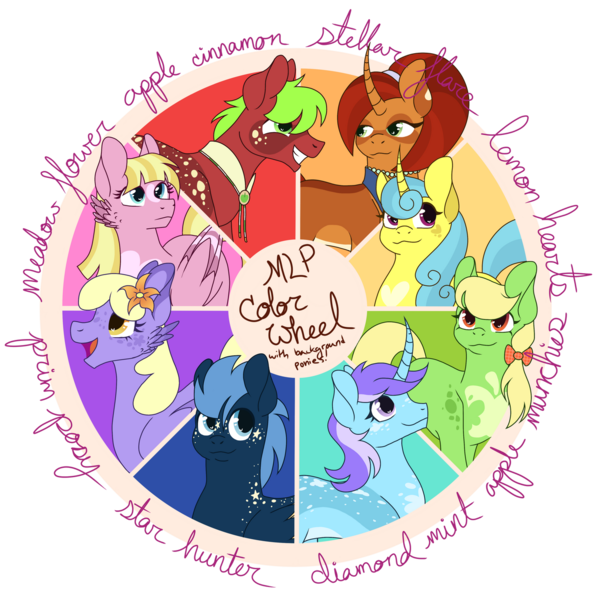 Size: 1280x1285 | Tagged: safe, artist:monochrome-sunsets, derpibooru import, apple cinnamon, apple munchies, diamond mint, lemon hearts, meadow flower, orange blossom, prim posy, star hunter, stellar flare, pony, apple family member, color wheel, image, png, simple background, transparent background