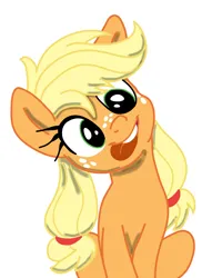 Size: 1084x1418 | Tagged: safe, artist:sorcerushorserus, color edit, derpibooru import, edit, applejack, earth pony, pony, colored, cute, derp, female, filly, filly applejack, foal, freckles, g4, head tilt, image, mare, pigtails, png, silly, silly face, silly pony, simple background, sitting, solo, tongue out, twintails, white background, who's a silly pony, younger