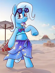 Size: 1920x2546 | Tagged: safe, artist:xppp1n, derpibooru import, trixie, pony, unicorn, 3d, 3d mixed with drawing, beach, beach chair, bipedal, blender, blender cycles, chair, clothes, cooler, equestria girls outfit, female, food, image, mare, png, popsicle, sandcastle, solo, sunglasses, swimsuit, volcano