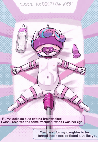 Size: 640x924 | Tagged: explicit, artist:t.f.a.n.c.s., banned from derpibooru, princess flurry heart, anthro, unguligrade anthro, fall of equestria, abdominal bulge, animated, baby bottle, belly, belly button, blushing, bondage, bound and gagged, brainwashing, breasts, buttplug, choker, crib, delicious flat chest, dildo, female, fucking machine, gag, gif, horsecock dildo, image, implied princess cadance, implied shining armor, insertion, lolicon, machine, nipples, nudity, pacifier, sex toy, spread legs, spreading, toddler, toddlercon, underage, vaginal insertion, vulva
