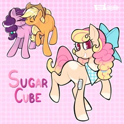 Size: 640x640 | Tagged: safe, artist:3ggmilky, derpibooru import, applejack, sugar belle, oc, oc:sugar cube, earth pony, bow, hair bow, image, next generation, nuzzling, patterned background, png, shipping