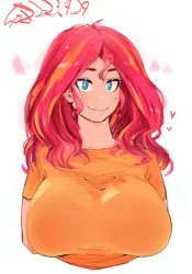 Size: 1400x2000 | Tagged: safe, artist:sozglitch, derpibooru import, sunset shimmer, human, big breasts, breasts, busty sunset shimmer, female, floating heart, heart, huge breasts, humanized, image, jpeg, looking at you, simple background, smiling, smiling at you, solo, white background