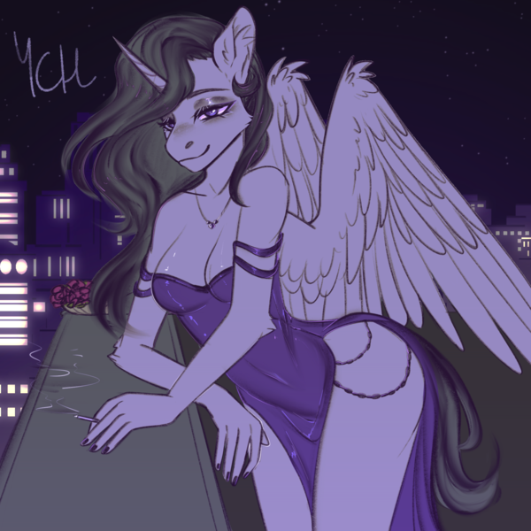 Size: 2048x2048 | Tagged: suggestive, artist:enderbee, derpibooru import, oc, unofficial characters only, alicorn, anthro, earth pony, pegasus, unicorn, auction, auction open, cigarette, city, clothes, commission, dress, image, jewelry, looking at you, necklace, night, night sky, outdoors, png, sky, smiling, smiling at you, stars, ych sketch, your character here