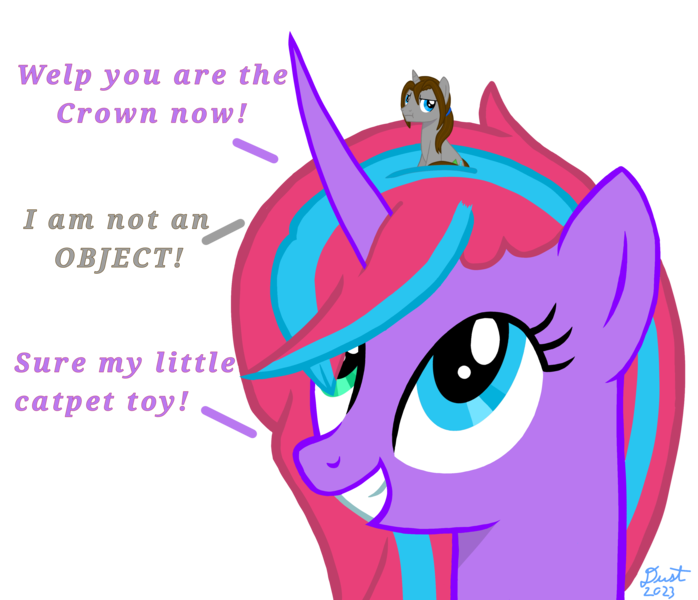 Size: 3572x3072 | Tagged: safe, artist:dust, derpibooru import, oc, oc:backgroundpony#f352, oc:dust, pony, unicorn, curved horn, dialogue, female, grin, heterochromia, horn, image, implied catpet, implied crown, male, mare, micro, out of context, png, ponytail, pouting, queen of the new page, shenanigans, simple background, sitting, sitting on head, smiling, stallion, tiny, tiny ponies, tiny pony being used as a crown, transparent background, unicorn oc