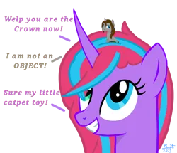 Size: 3572x3072 | Tagged: safe, artist:dust, derpibooru import, oc, oc:backgroundpony#f352, oc:dust, pony, unicorn, curved horn, dialogue, female, grin, heterochromia, horn, image, implied catpet, implied crown, male, mare, micro, out of context, png, ponytail, pouting, queen of the new page, shenanigans, simple background, sitting, sitting on head, smiling, stallion, tiny, tiny ponies, tiny pony being used as a crown, transparent background, unicorn oc