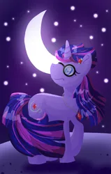 Size: 2023x3187 | Tagged: safe, artist:lindasaurie, derpibooru import, twilight sparkle, pony, unicorn, alternate design, female, glasses, hair accessory, high res, image, jewelry, lineless, mare, moon, necklace, night, night sky, png, redesign, redraw, sky, solo, stars, unicorn twilight