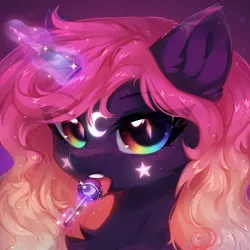 Size: 2000x2000 | Tagged: safe, artist:anku, derpibooru import, oc, pony, unicorn, bust, candy, chest fluff, food, image, licking, lollipop, magic, open mouth, png, rainbow eyes, solo, tongue out
