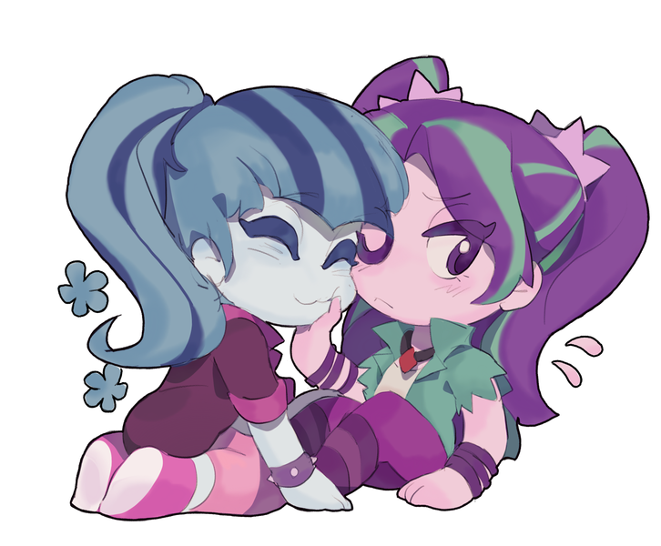 Size: 2318x1917 | Tagged: safe, artist:yanming98294, derpibooru import, aria blaze, sonata dusk, human, equestria girls, :3, arisona, chibi, clothes, cute, duo, eyes closed, female, image, lesbian, one eye closed, png, shipping, simple background, sitting, smiling, white background, wink