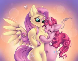 Size: 3200x2500 | Tagged: safe, artist:dlexsie, derpibooru import, fluttershy, pinkie pie, earth pony, pegasus, pony, bipedal, blushing, cheek fluff, cute, diapinkes, duo, eyes closed, female, high res, image, mare, png, raspberry, shyabetes, spread wings, tongue out, wings