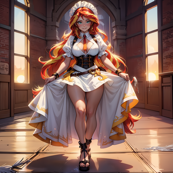 Size: 2048x2048 | Tagged: safe, derpibooru import, machine learning generated, sunset shimmer, human, equestria girls, ai content, breasts, busty sunset shimmer, clothes, female, generator:seaart.ai, humanized, image, legs, looking at you, maid, maid headdress, necktie, png, prompter:foylertf, solo, standing