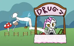 Size: 2678x1679 | Tagged: safe, derpibooru import, oc, oc:teapot and sock, unofficial characters only, /mlp/, 4chan, drugs, fence, image, kettle, looking at you, mushroom, png, stall, water