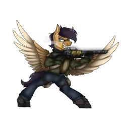 Size: 2300x2300 | Tagged: safe, artist:molars, derpibooru import, oc, oc:lockheed venture, pegasus, pony, fallout equestria, armor, ashes town, bipedal, blue eyes, boots, chestplate, cigarette, clothes, denim, grin, gun, image, insane smile, jeans, magical energy weapon, male, pants, plating, png, rifle, shoes, short mane, smiling, smoking, spread wings, stallion, weapon, wings