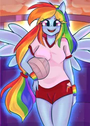Size: 2000x2800 | Tagged: safe, artist:marubup, derpibooru import, rainbow dash, equestria girls, clothes, female, glow, image, open mouth, open smile, png, ponied up, shirt, shorts, smiling, solo, sports, sports shorts, spread wings, sweat, volleyball, wings