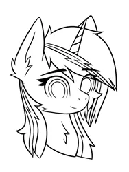 Size: 1536x2048 | Tagged: safe, artist:keupoz, derpibooru import, oc, oc:velvet remedy, pony, unicorn, fallout equestria, bust, cheek fluff, ear fluff, eye clipping through hair, eyebrows, eyebrows visible through hair, image, lineart, monochrome, neck fluff, png, simple background, white background