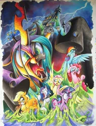 Size: 586x773 | Tagged: safe, artist:andypriceart, derpibooru import, idw, applejack, fluttershy, pinkie pie, queen chrysalis, rainbow dash, rarity, twilight sparkle, goo, pony, the return of queen chrysalis, castle, cover, cover art, female, image, jpeg, lightning, mane six, mare, messy hair, messy mane, stuck, stuck together