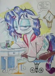 Size: 974x1347 | Tagged: safe, artist:andypriceart, derpibooru import, rarity, unicorn, alcohol, cup, early, exhausted, female, glass, image, jpeg, messy hair, messy mane, purple hair, purple mane, solo, spill, spilled drink, tired, traditional art, wine, wine glass