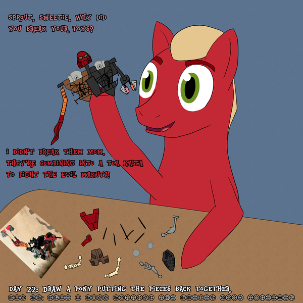Size: 3000x3000 | Tagged: safe, artist:khazard, derpibooru import, sprout cloverleaf, earth pony, pony, g5, my little pony: make your mark, my little pony: tell your tale, atg 2023, bionicle, high res, image, implied phyllis cloverleaf, instructions, lego, male, matoran language, newbie artist training grounds, onua, png, pohatu, simple background, solo, table, tahu