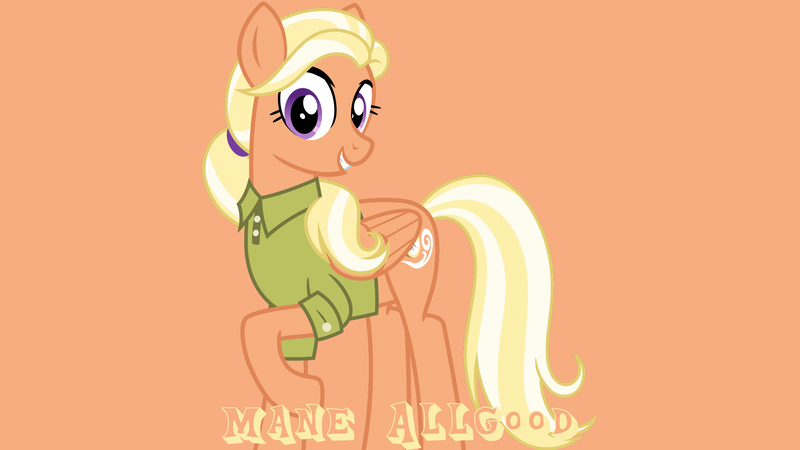 Size: 1920x1080 | Tagged: safe, artist:cheezedoodle96, derpibooru import, edit, editor:jaredking779, mane allgood, pegasus, pony, clothes, female, folded wings, grin, image, jpeg, looking at you, mare, orange background, raised hoof, shirt, simple background, smiling, solo, wings