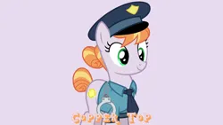 Size: 1920x1080 | Tagged: safe, artist:cheezedoodle96, derpibooru import, edit, editor:jaredking779, copper top, earth pony, pony, clothes, cuffs, female, image, jpeg, mare, necktie, police pony, police uniform, purple background, shirt, simple background, solo