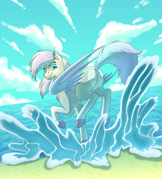 Size: 2200x2431 | Tagged: safe, artist:xxlampxx, derpibooru import, oc, oc:dreamyway skies, unofficial characters only, bat pony, pony, bat pony oc, bat wings, beach, blue eyes, butt, chest fluff, cloud, commission, ear tufts, happy, heart butt, image, looking at you, looking back, looking back at you, ocean, png, sand, shore, sky, smiling, smiling at you, sparkles, sparkly eyes, splash, splashing, summer, underhoof, water, wingding eyes, wings, ych result