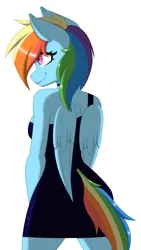 Size: 1547x2736 | Tagged: safe, alternate version, artist:melodytheartpony, derpibooru import, rainbow dash, anthro, pegasus, ass, back, black dress, breasts, busty rainbow dash, butt, clothes, cute, doodle, dress, eyelashes, feathered wings, female, folded wings, hips, image, little black dress, looking away, multicolored mane, png, rainbow, rear view, sideboob, signature, simple background, smiling, solo, solo female, sparkles, white background, wings