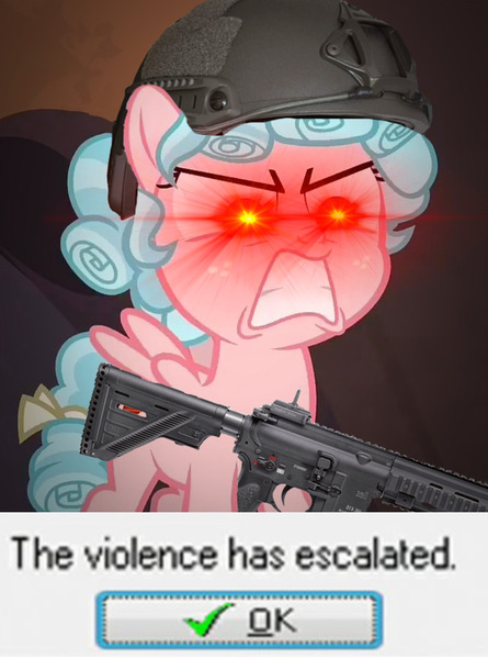 Size: 1000x1347 | Tagged: safe, derpibooru import, edit, edited screencap, screencap, cozy glow, pegasus, pony, angry, eye beams, gun, helmet, hk416, image, jpeg, meme, solo, weapon