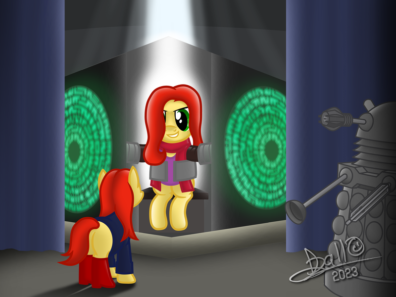 Size: 3264x2448 | Tagged: safe, artist:tidmouthmilk12, derpibooru import, earth pony, pony, amy pond, clothes, coat, dalek, doctor who, image, jacket, pandorica, petrification, png, scarf, self paradox, signature, the pandorica opens, wellington boots