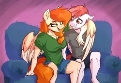 Size: 3192x2184 | Tagged: safe, artist:witchtaunter, derpibooru import, oc, oc:amity, oc:deepest apologies, anthro, pegasus, clothes, commission, couch, cuddling, ear fluff, flirting, hug, image, nervous, open mouth, png, shirt, shorts, simple background, smiling, wings