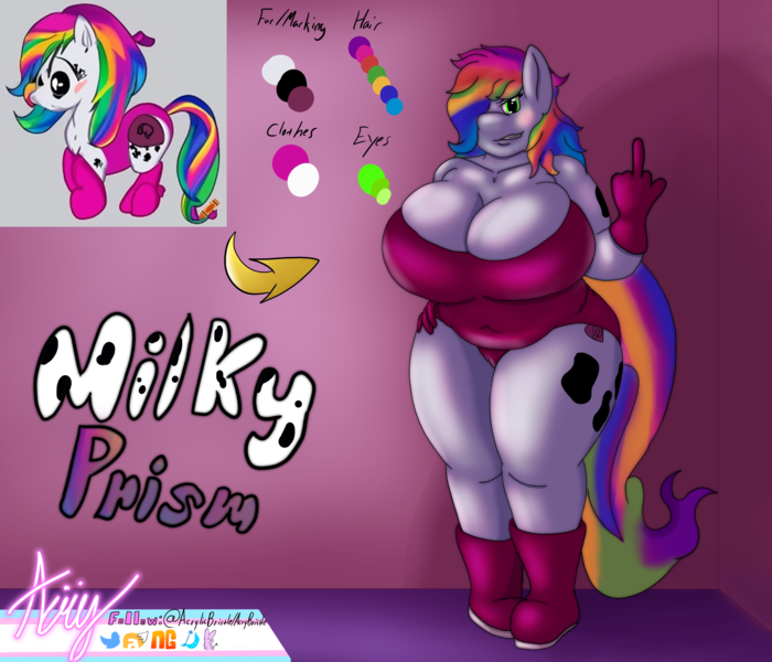 Size: 3500x3000 | Tagged: suggestive, artist:acrylicbristle, derpibooru import, machine learning generated, oc, oc:milky prism, unofficial characters only, anthro, pony, adoptable, advertisement, ai content, anthro oc, big breasts, breasts, chubby, cleavage, clothes, curvy, female, image, looking at you, mare, middle finger, multicolored hair, one-piece swimsuit, png, rainbow hair, reference sheet, solo, solo female, swimsuit, thick, thighs, thunder thighs, vulgar, wide hips