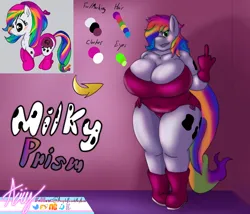 Size: 3500x3000 | Tagged: suggestive, artist:acrylicbristle, derpibooru import, machine learning generated, oc, oc:milky prism, unofficial characters only, anthro, pony, adoptable, advertisement, ai content, anthro oc, big breasts, breasts, chubby, cleavage, clothes, curvy, female, image, looking at you, mare, middle finger, multicolored hair, one-piece swimsuit, png, rainbow hair, reference sheet, solo, solo female, swimsuit, thick, thighs, thunder thighs, vulgar, wide hips