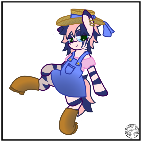 Size: 2000x2000 | Tagged: safe, artist:dice-warwick, derpibooru import, oc, oc:pecan harvester, unofficial characters only, hybrid, original species, pony, zony, boots, clothes, ear piercing, female, hat, image, overalls, piercing, png, shoes, simple background, solo, straw hat, stripes, tail, transparent background, waste pony