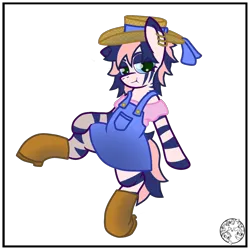 Size: 2000x2000 | Tagged: safe, artist:dice-warwick, derpibooru import, oc, oc:pecan harvester, unofficial characters only, hybrid, original species, pony, zony, boots, clothes, ear piercing, female, hat, image, overalls, piercing, png, shoes, simple background, solo, straw hat, stripes, tail, transparent background, waste pony