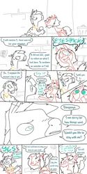 Size: 1000x2000 | Tagged: safe, artist:weaver, derpibooru import, oc, oc:danganya, oc:ice pack, unofficial characters only, unicorn, zebra, ask ice pack, blush lines, blushing, comic, dialogue, disguise, disguised changeling, duo, duo male and female, eyes closed, fangs, female, happy, hooves behind head, horn, hug, image, jewelry, looking at each other, looking at someone, looking away, male, one eye closed, open mouth, open smile, outdoors, png, raised hoof, scratching head, sitting, smiling, sparkles, speech bubble, sweat, sweatdrop, tail, teary eyes, trash can