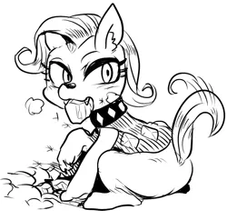 Size: 736x713 | Tagged: safe, artist:nekubi, derpibooru import, rarity, diamond dog, hybrid, pony, unicorn, digging, explicit source, grayscale, image, monochrome, mouth hold, offspring, paws, png, sitting, solo, tail, tail wag