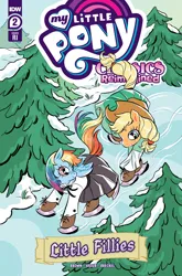 Size: 2063x3131 | Tagged: safe, derpibooru import, idw, applejack, rainbow dash, earth pony, pegasus, pony, spoiler:comic, applejack's hat, clothes, comic cover, cowboy hat, hat, high res, ice, ice skates, ice skating, image, jpeg, little fillies, little women, my little pony classics reimagined: little fillies, my little pony logo, official comic, skates, snow, tree, winter