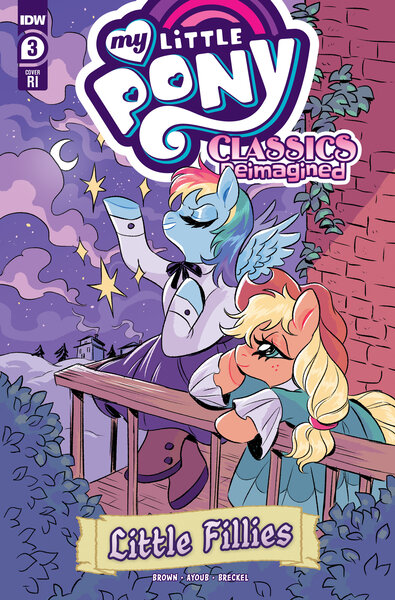 Size: 2063x3131 | Tagged: safe, derpibooru import, idw, official, applejack, rainbow dash, earth pony, pegasus, spoiler:comic, balcony, bow, bricks, chimney, classics reimagined, clothes, cloud, comic, comic cover, cover art, dress, female, hat, high res, hill, house, houses, image, jpeg, leaf, little fillies, moon, my little pony classics reimagined: little fillies, my little pony logo, night, official comic, pine tree, shoes, smoke, stars, tree