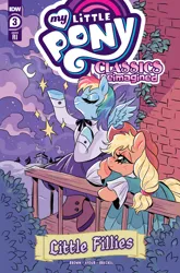 Size: 2063x3131 | Tagged: safe, derpibooru import, idw, official, applejack, rainbow dash, earth pony, pegasus, spoiler:comic, balcony, bow, bricks, chimney, classics reimagined, clothes, cloud, comic, comic cover, cover art, dress, female, hat, high res, hill, house, houses, image, jpeg, leaf, little fillies, moon, my little pony classics reimagined: little fillies, my little pony logo, night, official comic, pine tree, shoes, smoke, stars, tree