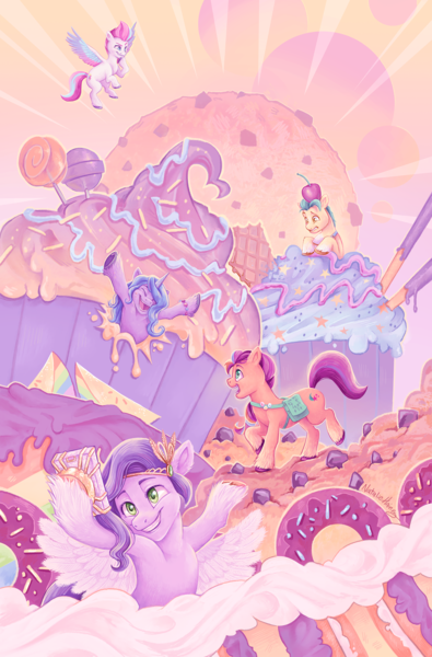 Size: 1976x3000 | Tagged: safe, artist:lightningstar1389, derpibooru import, idw, official, hitch trailblazer, izzy moonbow, pipp petals, sunny starscout, zipp storm, earth pony, pegasus, pony, unicorn, g5, spoiler:comic, spoiler:g5, spoiler:g5comic, spoiler:g5comic13, abstract background, candy, comic cover, cupcake, donut, female, food, image, lollipop, male, mane five (g5), mare, mobile phone, official comic, phone, png, selfie, smartphone, stallion, textless