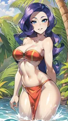 Size: 864x1536 | Tagged: suggestive, derpibooru import, editor:sammykun, machine learning assisted, machine learning generated, stable diffusion, rarity, human, equestria girls, ai content, belly button, big breasts, breasts, busty rarity, clothes, female, humanized, image, jungle, legs in the water, loincloth, looking at you, midriff, partially submerged, plants, png, prompter:sammykun, sexy, smiling, solo, strapless, stupid sexy rarity, tropical, tube top, water, wide hips