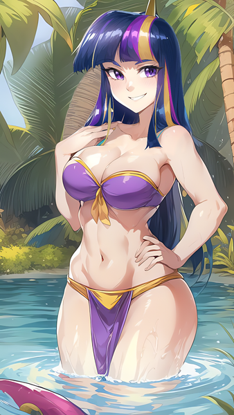 Size: 864x1536 | Tagged: suggestive, derpibooru import, editor:sammykun, machine learning assisted, machine learning generated, stable diffusion, twilight sparkle, human, equestria girls, ai content, belly button, big breasts, breasts, clothes, female, humanized, image, jungle, legs in the water, loincloth, looking at you, midriff, partially submerged, plants, png, prompter:sammykun, sexy, smiling, solo, strapless, stupid sexy twilight, tropical, tube top, water, wide hips