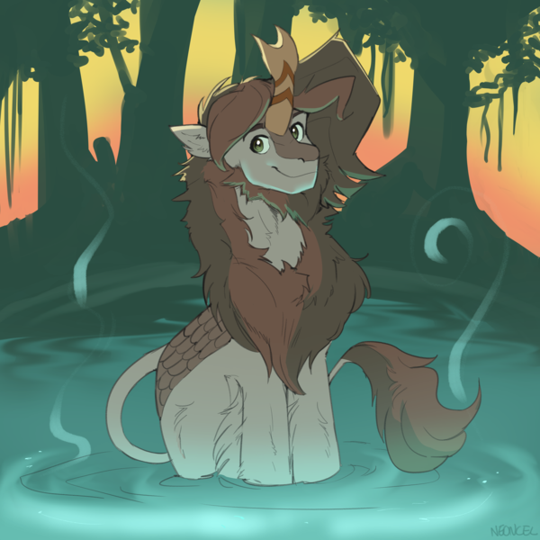 Size: 5000x5000 | Tagged: safe, artist:neoncel, derpibooru import, oc, oc:polder everglade, kirin, pony, beard, chest fluff, ear fluff, facial hair, horn, image, kirin oc, magical, male, png, pond, ripple, smiling, solo, sunset, swamp, water