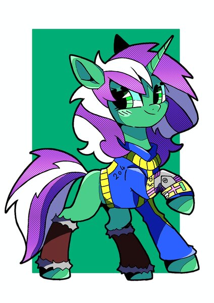 Size: 1448x2048 | Tagged: safe, artist:stacy_165cut, derpibooru import, pony, unicorn, blushing, clothes, fallout, image, jpeg, leg band, looking at you, raised hoof, smiling, solo