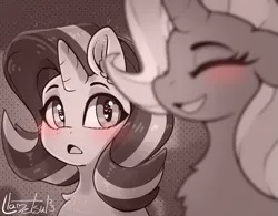 Size: 1087x846 | Tagged: safe, artist:llametsul, derpibooru import, starlight glimmer, trixie, pony, unicorn, atg 2023, blurry foreground, blushing, cute, female, heart, heart eyes, heartbeat, image, lesbian, looking at someone, monochrome, newbie artist training grounds, open mouth, png, shipping, signature, smiling, startrix, wingding eyes