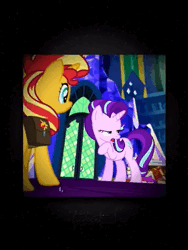 Size: 576x768 | Tagged: safe, derpibooru import, edit, edited screencap, screencap, starlight glimmer, sunset shimmer, human, pony, unicorn, equestria girls, mirror magic, spoiler:eqg specials, animated, bag, beanie, book, canterlot high, canterlot mall, clothes, duo, duo female, eyes closed, female, food, geode of empathy, hat, hug, ice cream, ice cream cone, image, jacket, jewelry, leather, leather jacket, library, magical geodes, necklace, open mouth, open smile, saddle bag, smiling, text, that human sure does love ice cream, tiktok, twilight's castle, twilight's castle library, webm