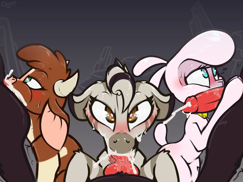 Size: 2048x1536 | Tagged: explicit, artist:ebvert, derpibooru import, ribbon (tfh), cow, sheep, zebra, them's fightin' herds, arizona (tfh), blowjob, blushing, community related, image, jpeg, knot, knotted penis, looking at you, nudity, oral, penis, pom (tfh), predator, sex