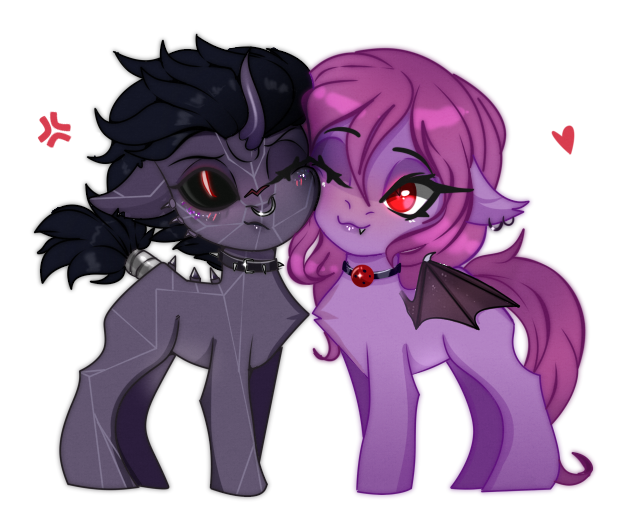 Size: 627x532 | Tagged: safe, artist:munrei, derpibooru import, oc, oc:kuroran, oc:purple fullmoon, unofficial characters only, bat pony, original species, ballgag, chibi, collar, cute, ear piercing, gag, horn, image, nose piercing, oc x oc, piercing, png, scar, shipping, simple background, transparent background, wings