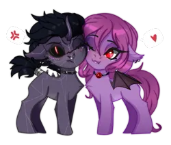 Size: 627x532 | Tagged: safe, artist:munrei, derpibooru import, oc, oc:kuroran, oc:purple fullmoon, unofficial characters only, bat pony, original species, ballgag, chibi, collar, cute, ear piercing, gag, horn, image, nose piercing, oc x oc, piercing, png, scar, shipping, simple background, transparent background, wings