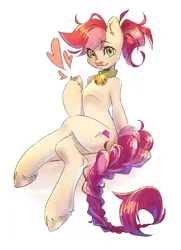 Size: 2048x2834 | Tagged: safe, artist:draco zero, derpibooru import, roseluck, pony, alternate hairstyle, bell, bell collar, braid, braided tail, collar, commission, commissioner:doom9454, crossed legs, cute, image, png, pony pet, ponytail, rosepet, simple background, sitting, tail, white background