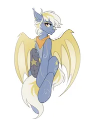 Size: 3000x4000 | Tagged: safe, artist:chamommile, derpibooru import, oc, oc:korziera, unofficial characters only, demon, demon pony, original species, pegasus, amputee, blue skin, chest fluff, commission, demon wings, ear fluff, ear piercing, ears up, female, full body, image, looking at you, pegasus oc, piercing, png, prosthetic leg, prosthetic limb, prosthetics, simple background, sketch, solo, white background, wings, yellow eyes, yellow hair